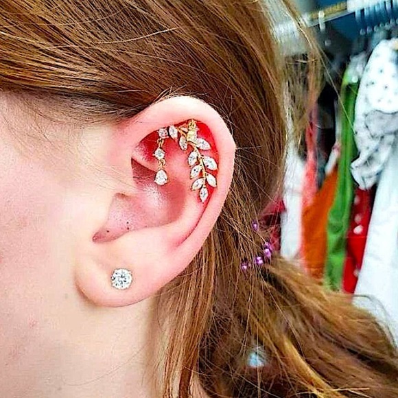 Gold Zircon Leaf Tassel Ear Climber Crystal Rhinestone Earrings - Picture 4 of 10